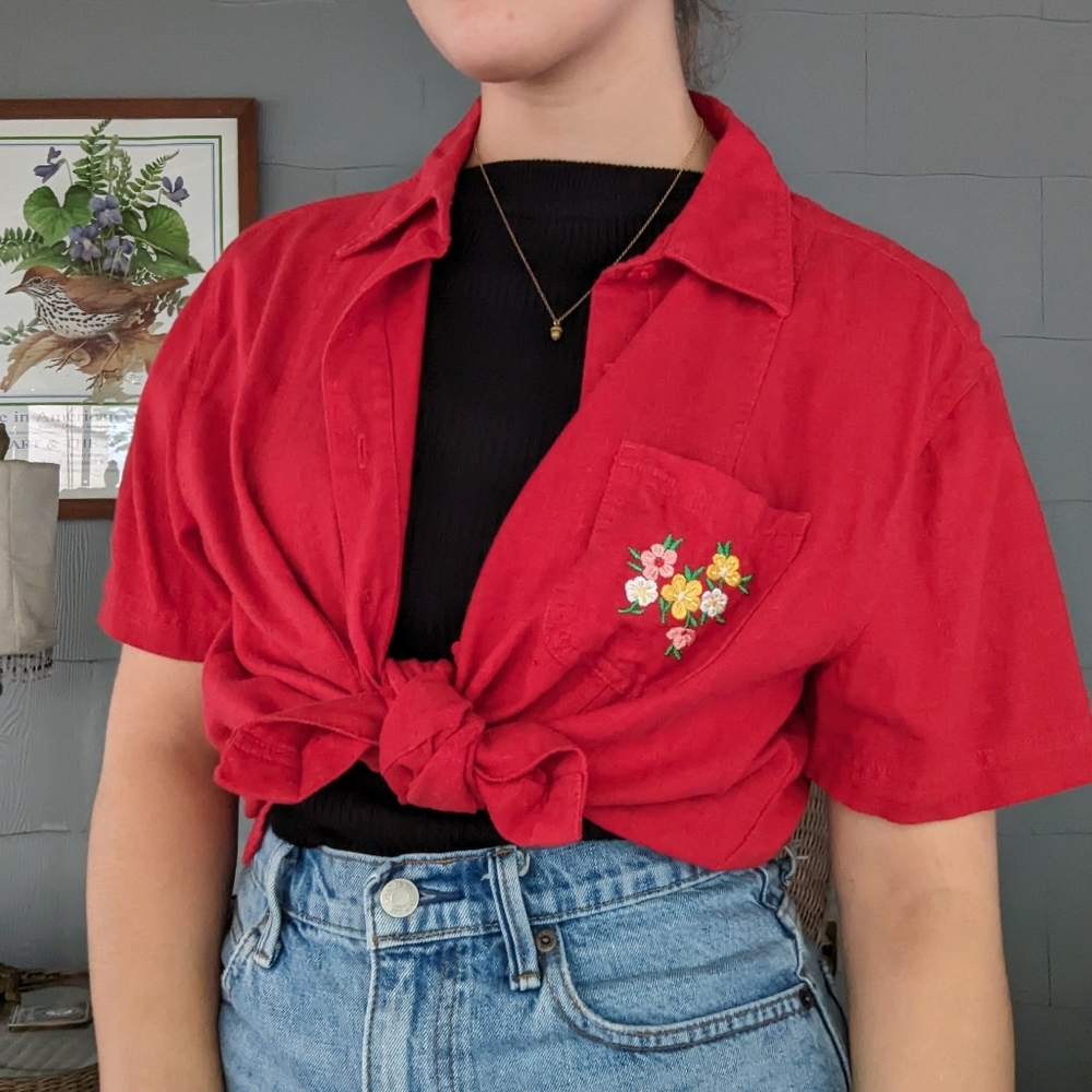 Cottagecore Red Linen Button Down